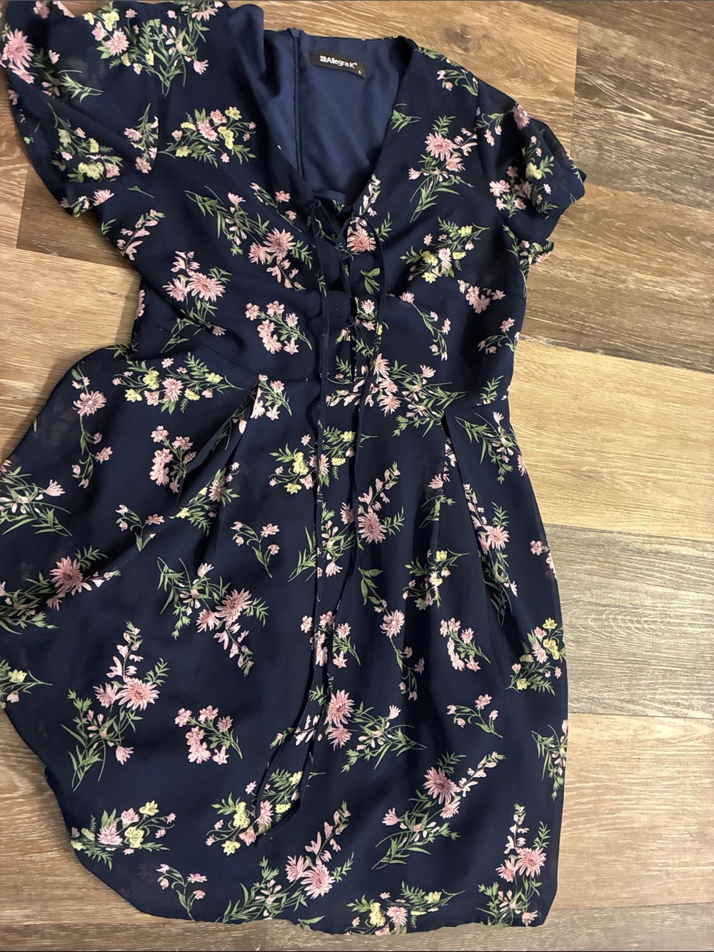 Allegra K Navy Floral Tie-Front Dress with Pink & Green Accents
